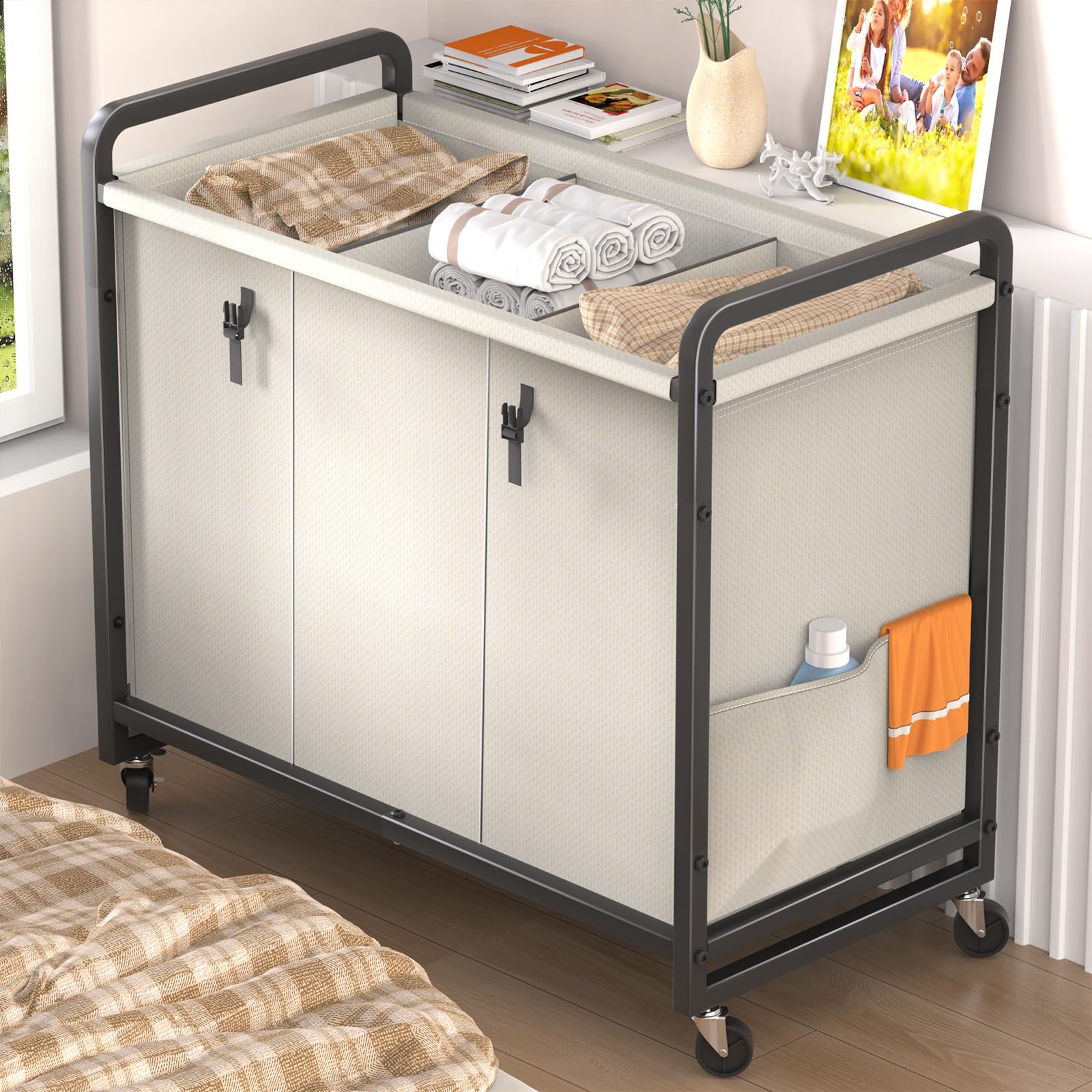 Photo 1 of 60 Gal (230L) Laundry Sorter 3 Section with Lid, Laundry Hamper Cart with Heavy Duty Rolling Lockable Wheels and Metal Handle,Laundry Basket Organizer with Removable Bag for Laundry Room - White