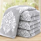 Hand Towels for Bathroom, 16" x 27" - Cotton | Quick Dry | Lightweight | Soft | Absorb, Grey Bathroom Hand Towels Set of 4, Decorative Hand Towel, Damask Towel Gift Set - Gray and White Patterned