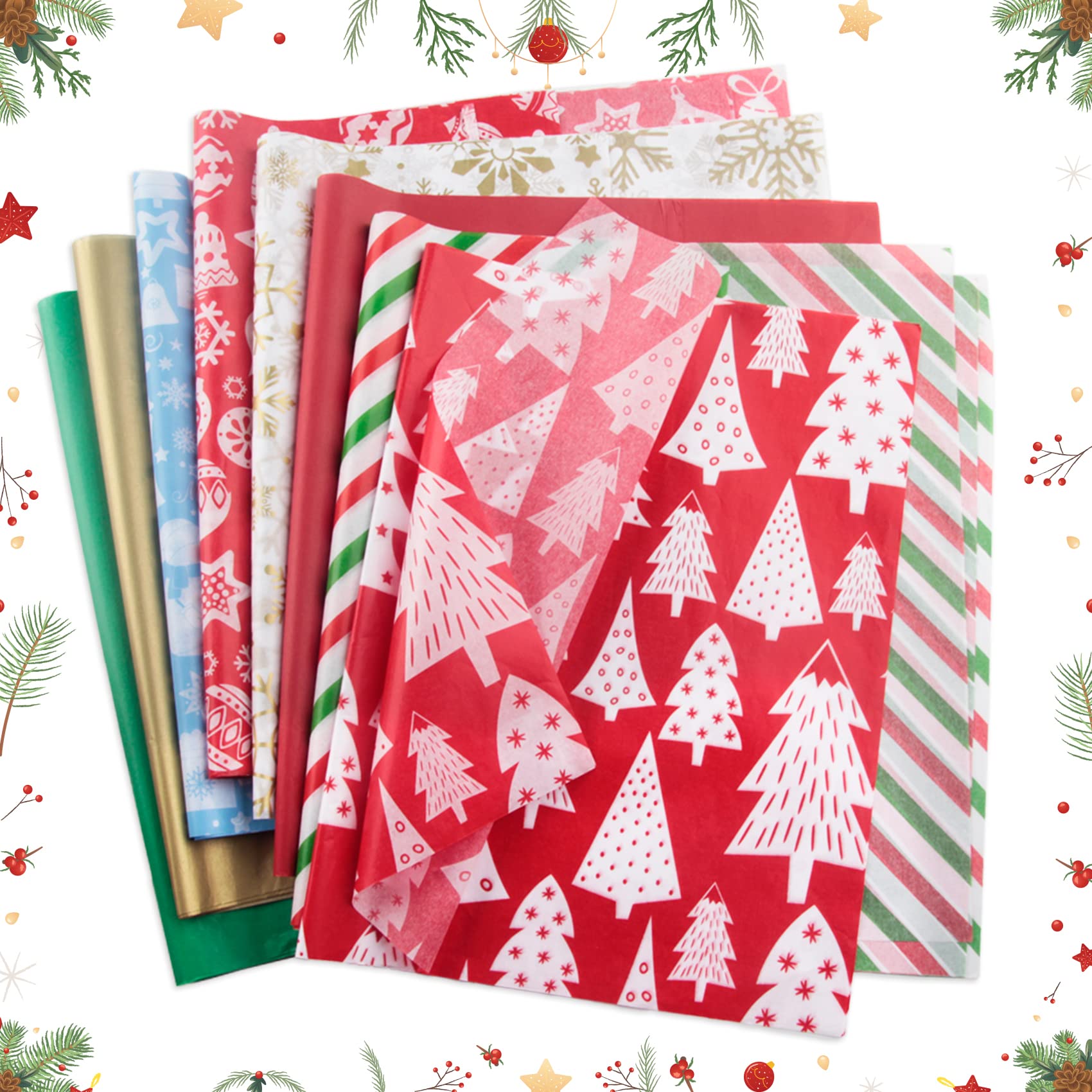 Wlulu 100 Pcs Christmas Tissue Paper for Gift 12 Styles Sheets Tissue Paper for Christmas Gift Wrapping