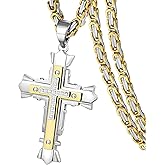 JUNOVUROS Stainless Steel Jesus Christ Cross Pendant Necklace for Men, 20 to 28 In Rolo/Byzantine Chain, 2 Sizes of Religious Jewelry with Silver/Gold/Black