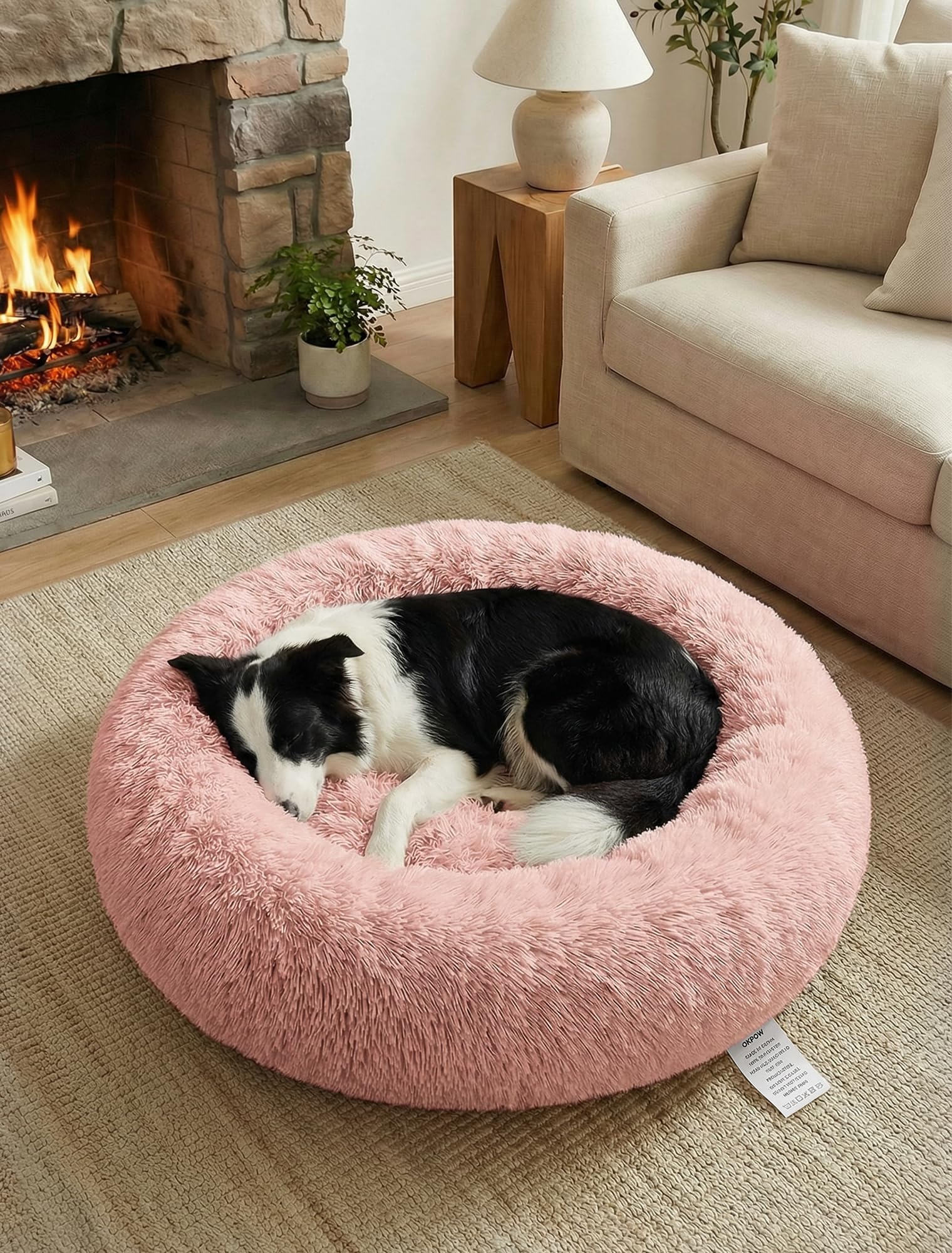 OKPOW Donut Dog Bed,70cm Calming Anti Anxiety Large Dog Beds,Washable Soft Warm Plush Fleece Fluffy Soothing Cat Pet Cushion,Round Orthopedic Relief Improved Sleeping Non Slip Bottom Kitten Bed