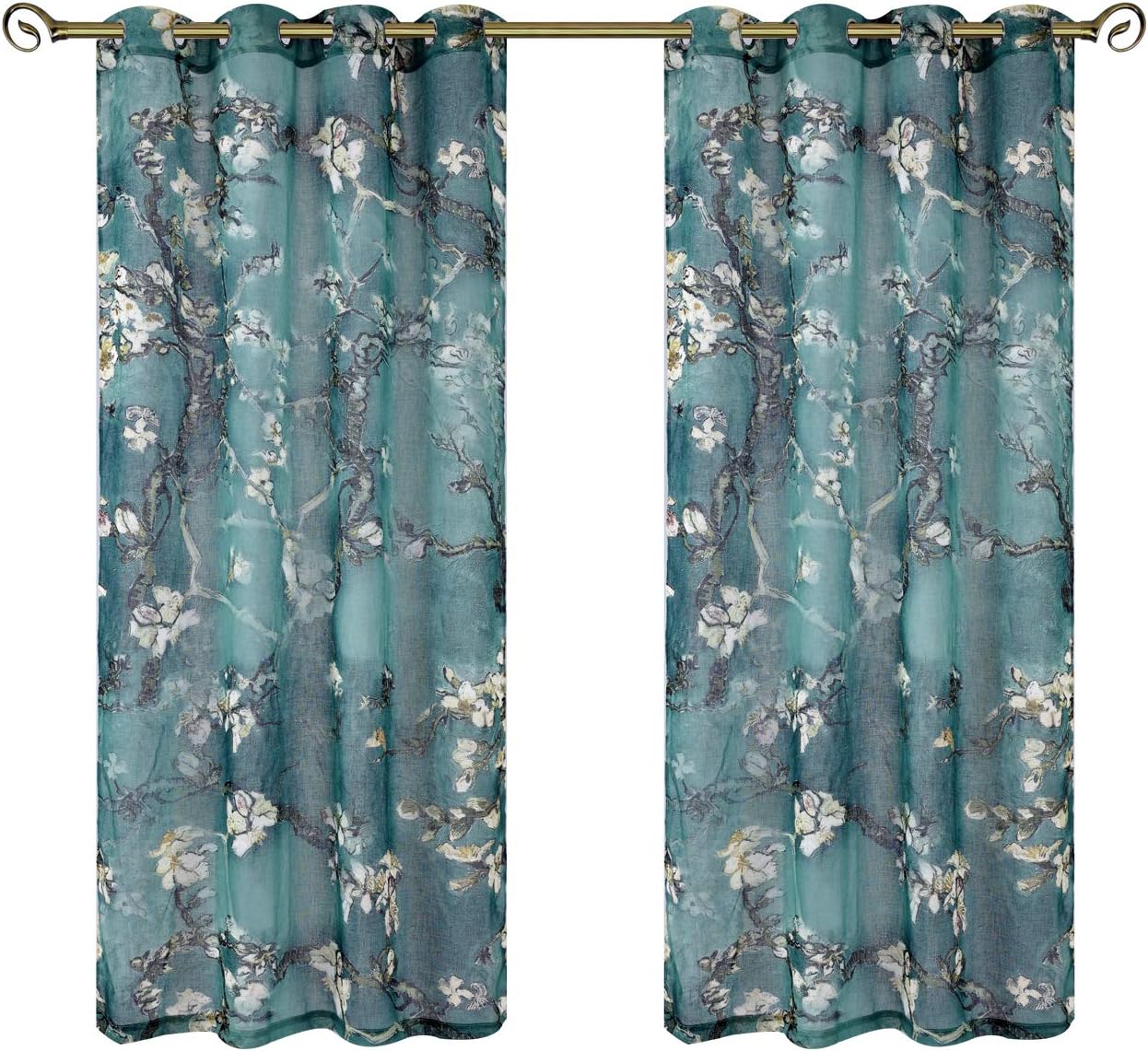 Taisier Home Chinese Style Plum Blossom Sheer Curtain Artistic Print Curtains 72 Inches Long for Living Room,Personalized Pattern Curtains 2 Panels Set（Grommet Top Style）