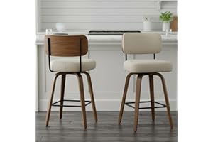Swivel Bar Stools Set of 2, 26" Upholstered Counter Height Bar Stools with Back and Walnut Wood Legs, Faux Leather Barstools 