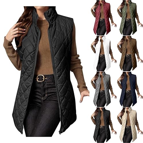 IUYTYSER Women's Quilted Gilet Longline Jacket Sleeveless Down Vest Lightweight Body Warmer Padded Outerwear Ladies Autumn Winter Coat Cozy Zipper Waistcoat Hiking Sports Workout Blackish Green XL