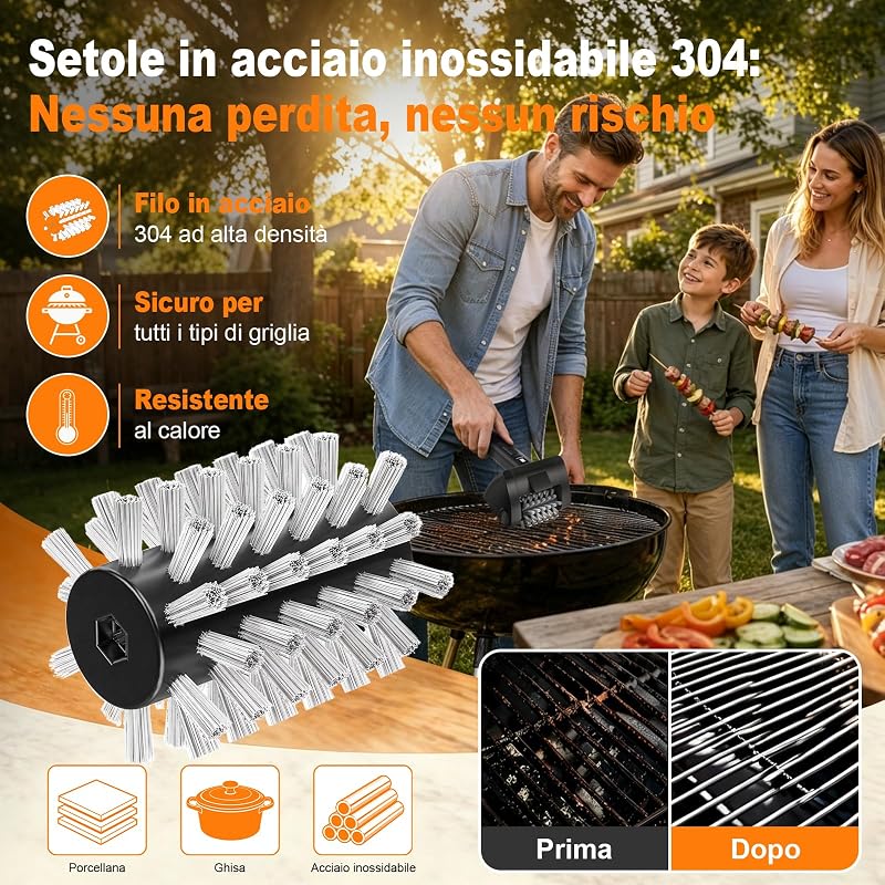 Spazzola Elettrica Barbecue Senza Fili, Pulizia BBQ con Acciaio Inox 304