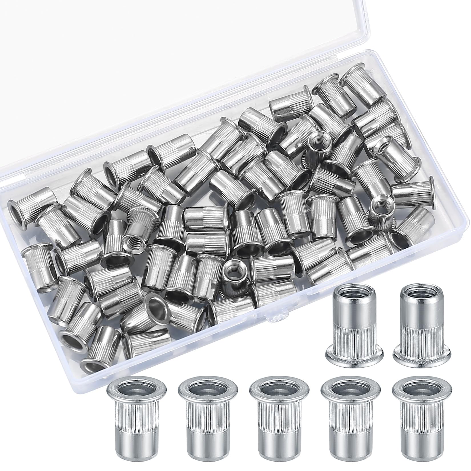 60 Pcs Rivet Nuts Set, M6 Stainless Steel Rivnuts, Flat Head Rivnuts, Threaded Insert Nutsert Rivet Nuts Assortment Set, Knurled Rivnuts