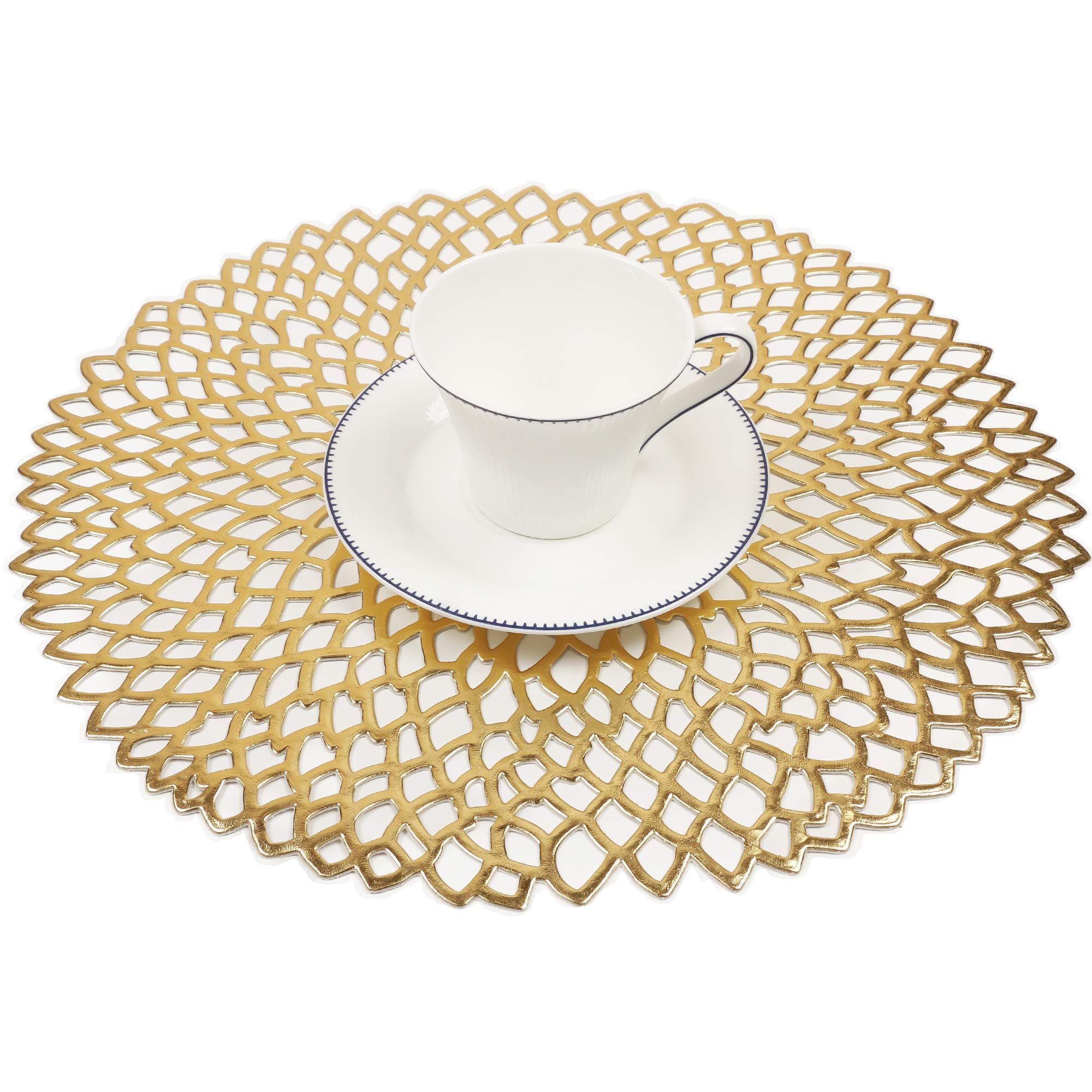 Famibay Christmas Placemats Set of 6 Gold Round Place Mats Washable Heat Resistant Vinyl Table Mats for Dining Kitchen Restaurant