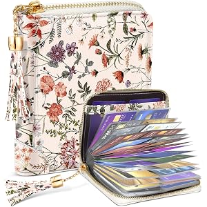 Bistup 40 Slots Credit Card Holder for Women Girls, Pink Floral | Leather, RFID Blocking, Large Capacity, Zipper Wallet, Card