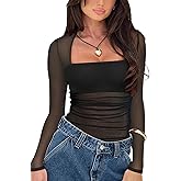 AGECODE Women's Sexy Square Neck Long Sleeve Bodysuit Sheer Mesh Ruched Body Suits Going Out Tops