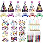 HOWAF 2026 New Year Eve's Party Supplies, Happy New Year Tiaras Headband Paper Glasses Cone Hats Glitter Blowouts Noisemaker for 2026 New Years Party Decorations, Colorful