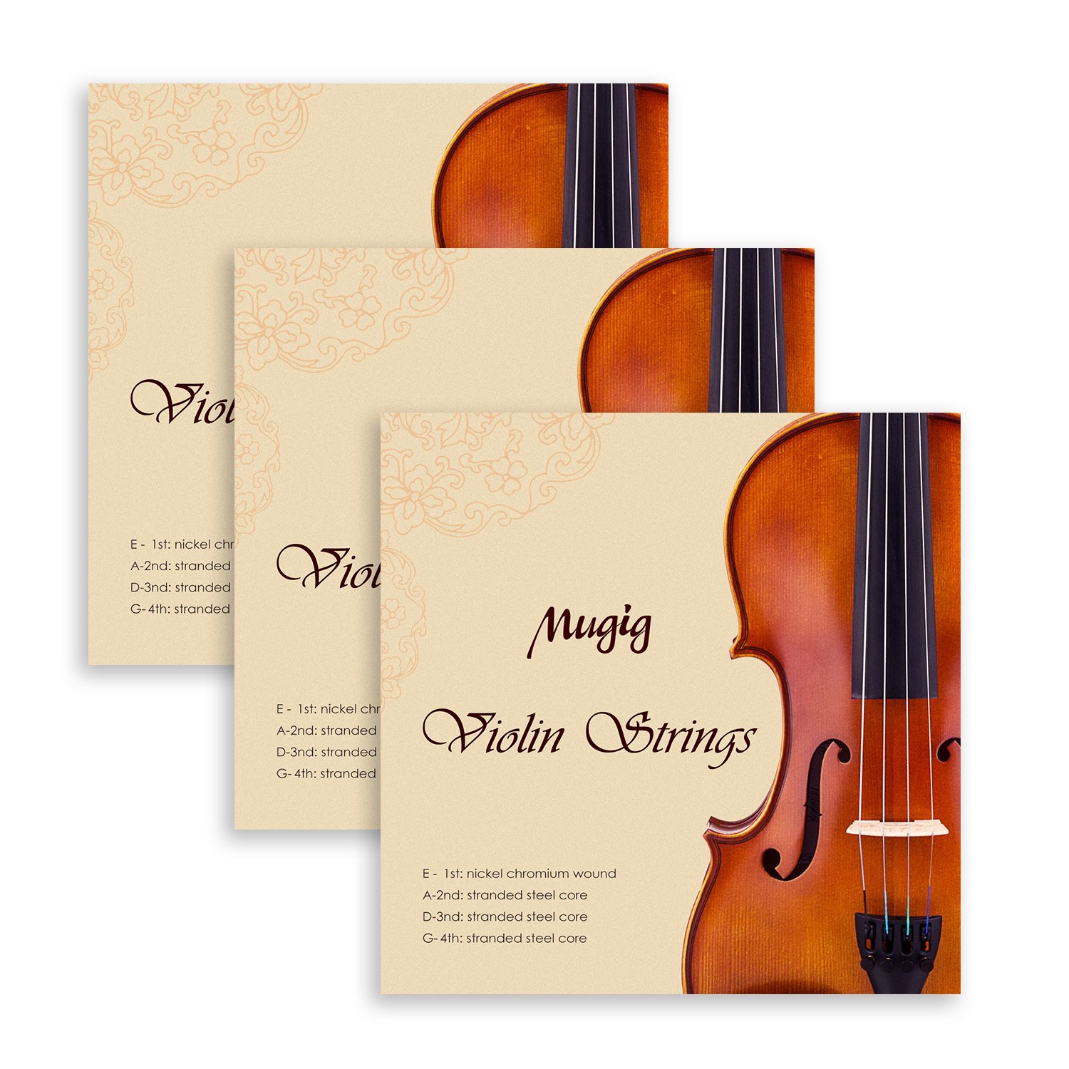Mugig Full Set Violin Strings Size 4/4 & 3/4 Violin Strings, Package of 3, for Violin Strings, Set of 4