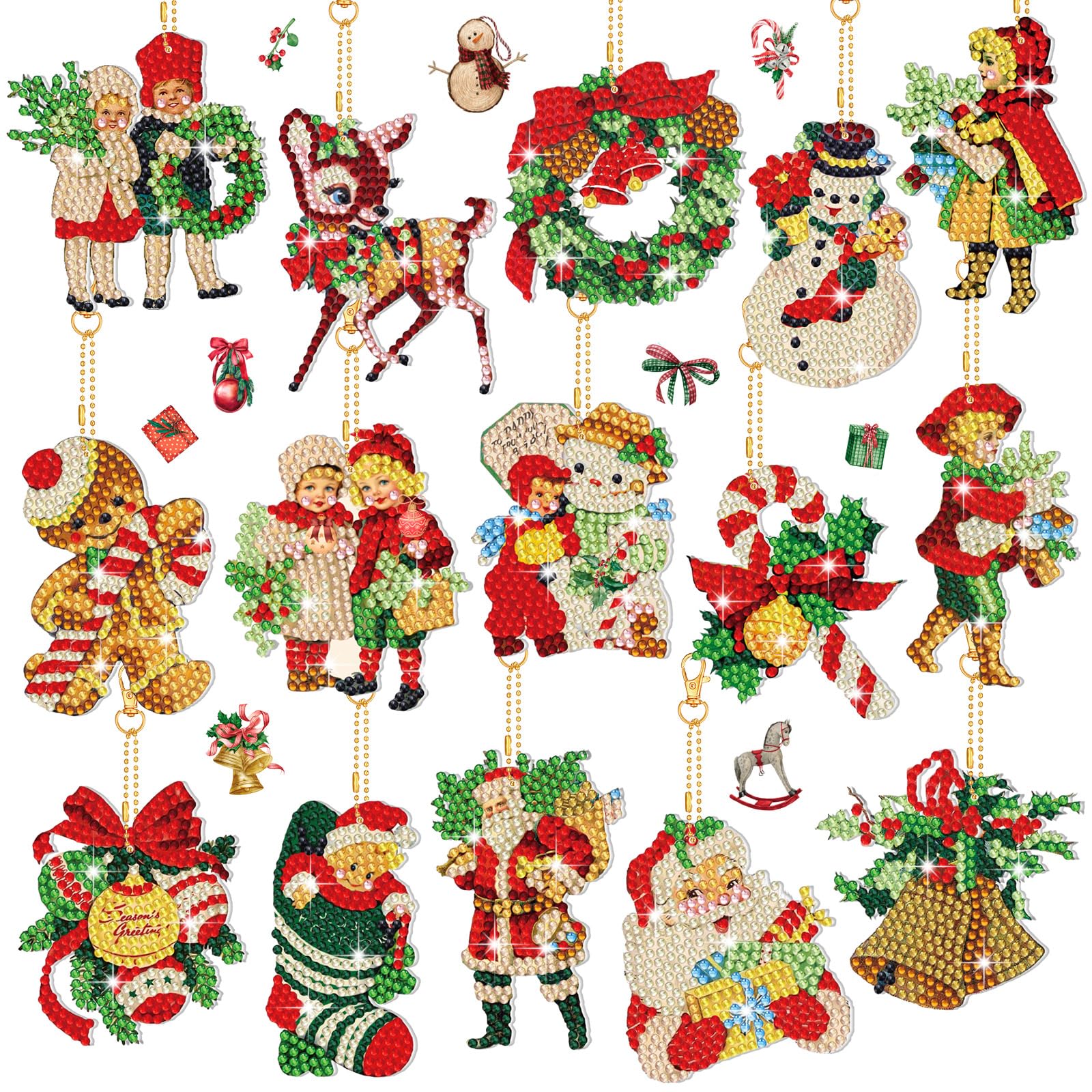 Photo 1 of BBTO 15 Pcs Christmas Diamond Painting Keychains Vintage Christmas Diamond Painting Ornaments 5d DIY Keychaindart Pendant Ornaments for Xmas Holiday DIY Crafts