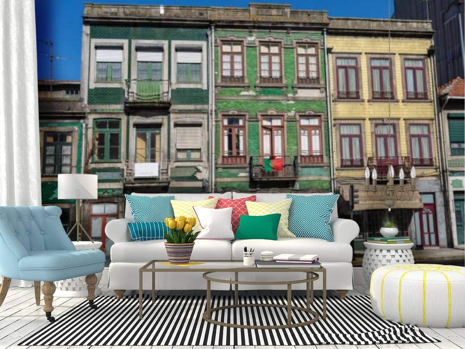 Typical Colorful Portuguese Architecture Tile Azulejos Facade with Canvas Print Wallpaper Wall Mural Self Adhesive Peel & Stick Wallpaper Home Craft Wall Decal Wall Poster Sticker for Living Room
