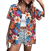 Women's Button Down Hawaiian Shirts Tropical V Neck Summer Beach Blouses Tops Floral Print Vintage Short Sleeve Tees