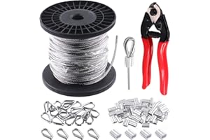 Glarks 72Pcs 1/8" 150ft Stainless Steel Wire Cable Assortment Kit, Aircraft Cable with Cutter, 20Pcs M3 Wire Rope Thimbles, 5
