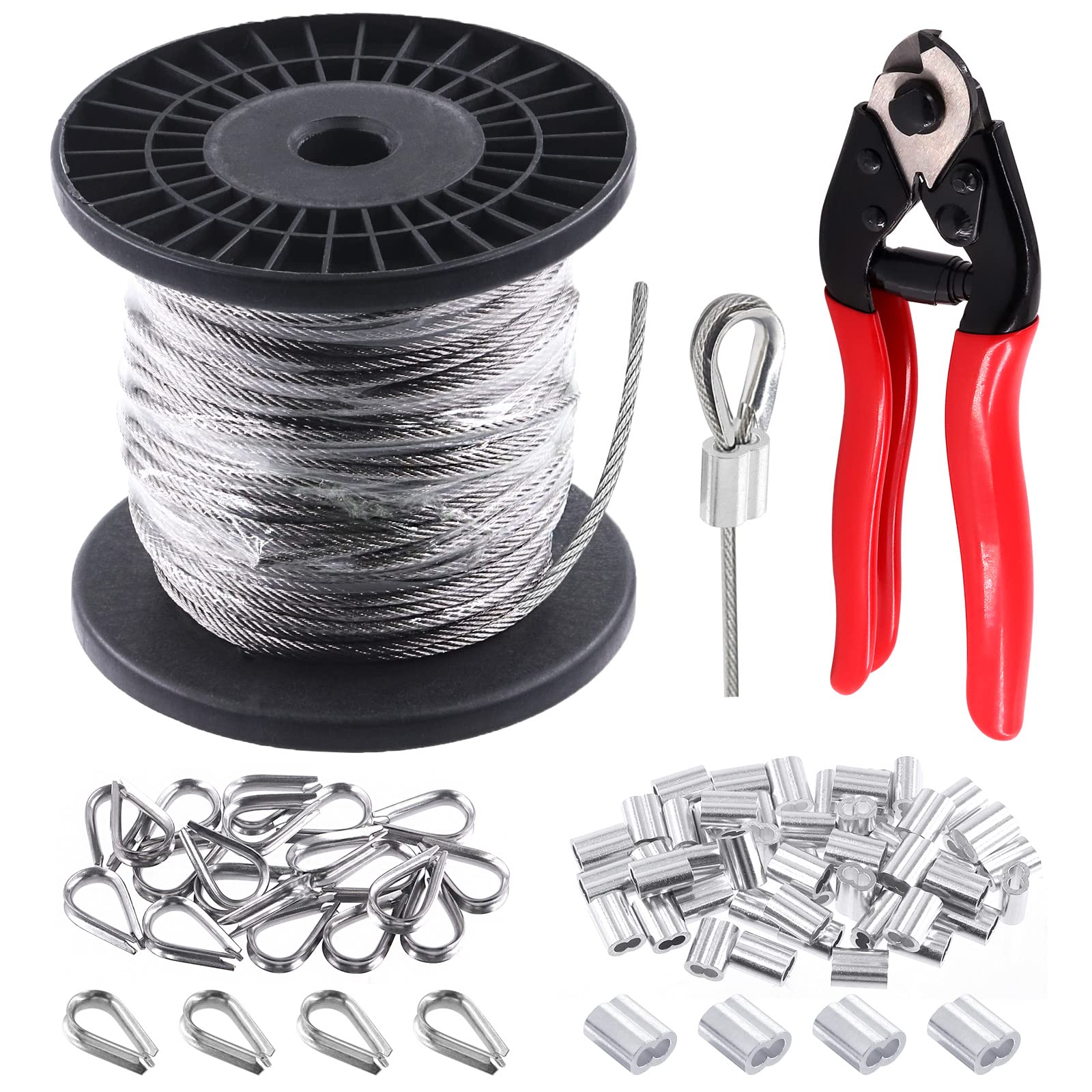 Glarks 72Pcs 1/8" 150ft Stainless Steel Wire Cable Assortment Kit, Aircraft Cable with Cutter, 20Pcs M3 Wire Rope Thimbles, 50Pcs Aluminum Crimping Loop Sleeve Set for DIY Deck, Rail, Stair