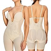 SAYFUT Backless Deep U Plunge Bodysuit for Women Tummy Control Full Body Shapewear Strapless Mid Thigh Body Shaper