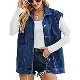 Shebote Womens Oversized Sleeveless Jean Denim Jacket Button Down Vest Top for Women Summer Waistcoat Jeans Vests Tops