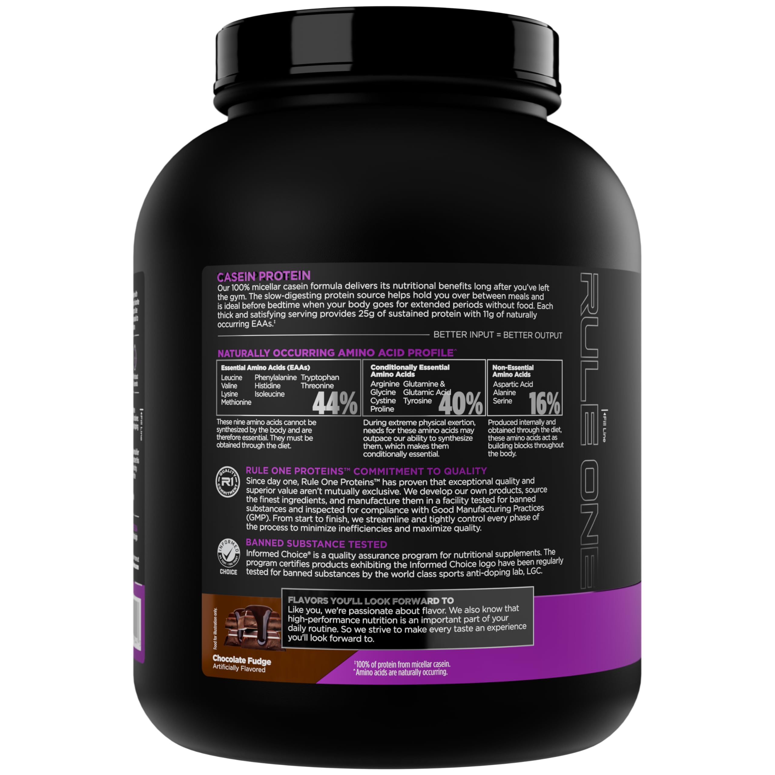 Rule 1 Casein Protein - 25g Protein and 11g EAAs Per Serving from Slow-Release Micellar Casein for Overnight Recovery and Sustained Delivery Between Meals (4 Pounds*, Chocolate Fudge)