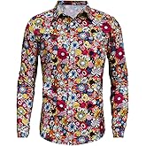 Mens 70s Disco Shirt Hip Hop Long Sleeve Button Down Shirt Casual Retro Floral Funny Shirts Hippie Outfit for Men