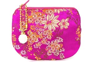 GOLDEN AMY Handmade Jewelry Pouch Women Coin Purse Brocade Zipper Wallet Silk Makeup Bag - Magenta