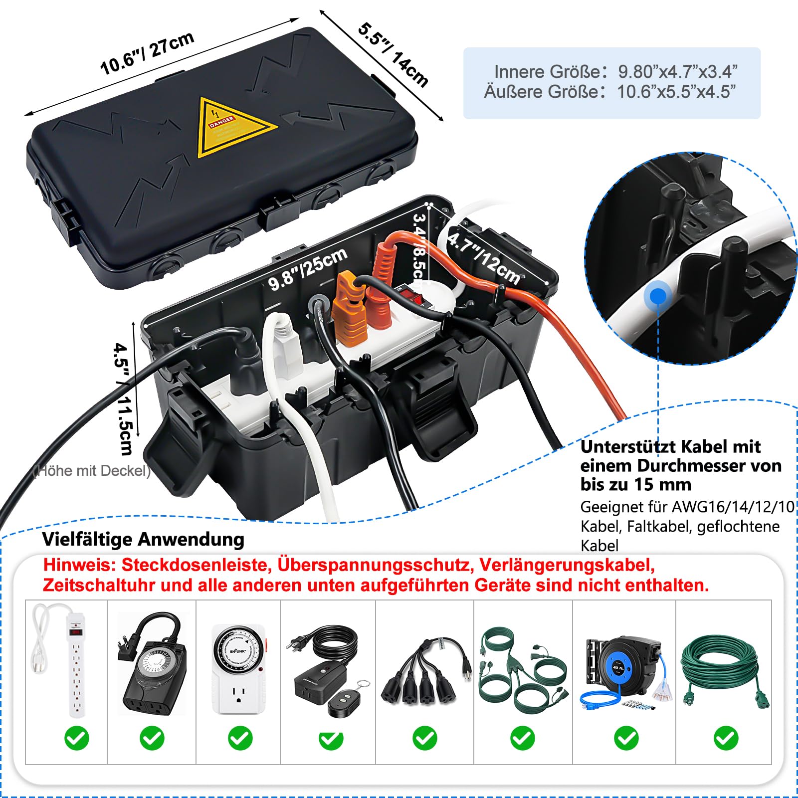 Außenbereich Elektrobox,IP54 Wasserdichte Outdoor Outlet Covers, Wetterfeste Verlängerungskabel Abdeckungen Schützen Steckdose, Steckdose, Timer,Plug,Holiday Light(27x14x11,5 cm)-Schwarz 2