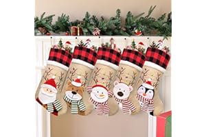 ELEGANTPARK Christmas Stockings 5 Pack Buffalo Plaid Christmas Stockings with 3D Santa Snowman Reindeer Embroidered Xmas Gifts with Fur Plaid Cuff for Family Kids Holiday Hanging Decoration