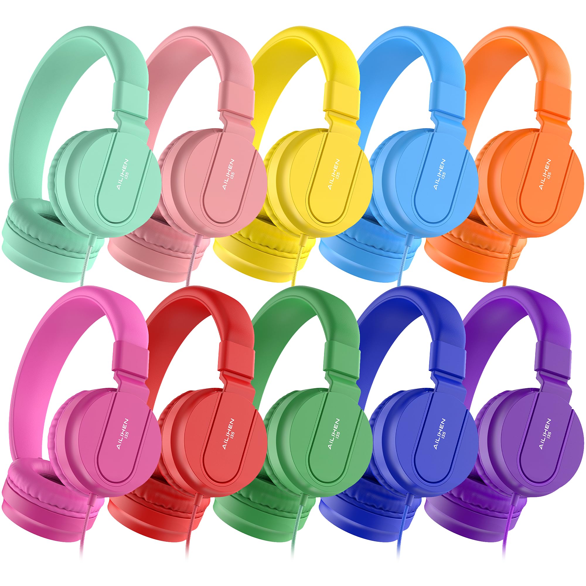 Photo 1 of Classroom Headphones Bulk 10 Pack - Kids Headphones for School K-12 Student, 93dB Volume Limited On-Ear Wired Headset with Microphone, Durable 3.5mm Jack for Class Set Library Computer (Mixed Color)