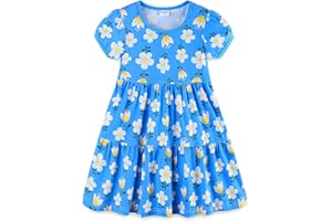 Bumeex Girl's Summer Dresses Cotton Ruffle Sleeve Tiered Swing A-Line Cute Midi Casual Sundress with Pockets