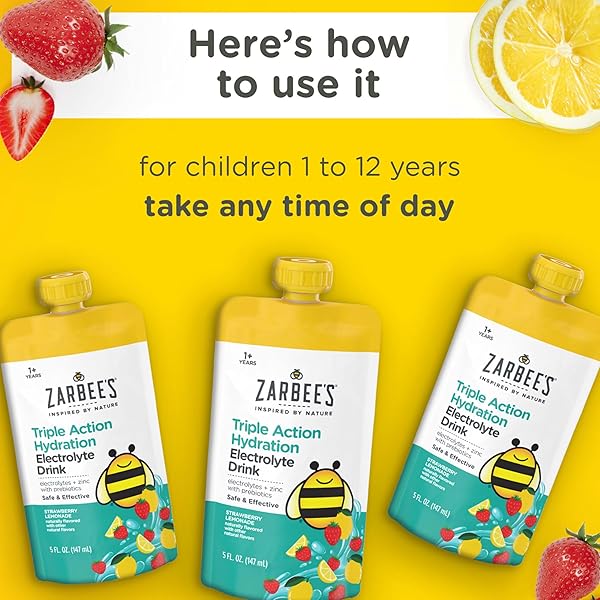 ZARBEE’S TRIPLE ACTION HYDRATION ELECTROLYTE DRINK FOR KIDS WITH ZINC & PREBIOTICS, REPLENISHES LOST ELECTROLYTES AND HELPS PREVENT DEHYDRATION*, DYE-FREE, STRAWBERRY LEMONADE FLAVOR, 3 X 5 FL. OZ