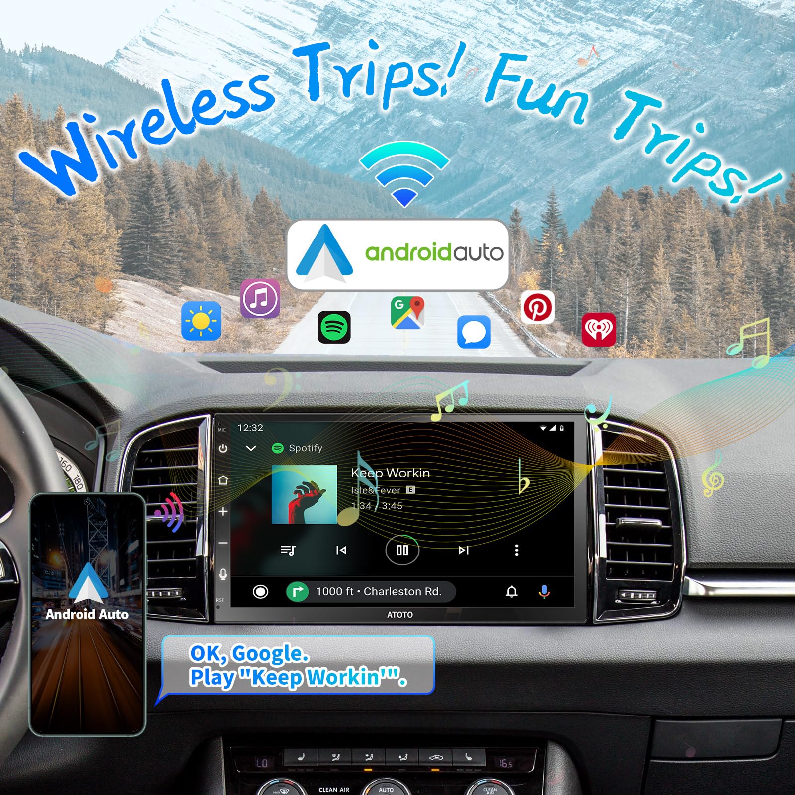 ATOTO F7WE 7inch Touchscreen Double DIN Car Stereo, Wireless CarPlay & Wireless Android Auto, in-Dash Video Receivers, Bluetooth, MirrorLink, HD LRV, Voice Control, F7G2B7WE