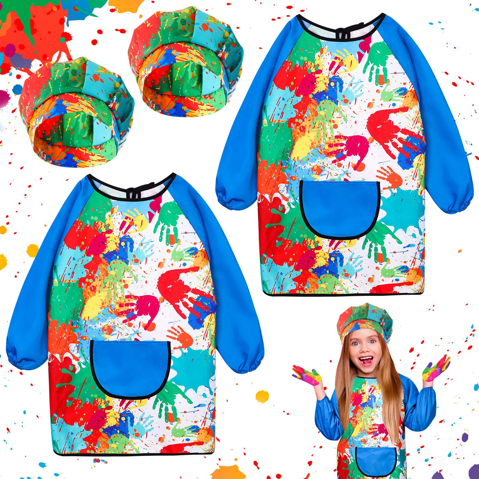 2PCS Kids Art Aprons and Hats for Age 7-12 Years Girls Boys,Waterproof Graffiti Painting Aprons Long Sleeves with Pockets,Kids Painting Smock Toddler Children,Play Apron for Painting,Craf School,Blue — image 1