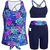 Daci Women 3 Piece Tankini Swimsuits - Athletic Swim Tank Top with Bra Bathing Suit with Shorts Modest Swimwear 2025