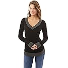 PattyBoutik PattBoutik Women's V Neck Long Sleeve Curve Hem Sweater (Black and Gray M)