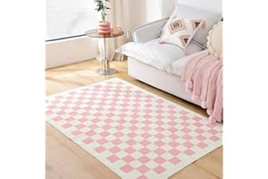 TRUEDAYS 3x5 Small Area Rug Beige and Pink Area Rug Modern Checkered Rug for Living Room and Bedroom, Washable Non Slip TPR Backing Checkered Area Rug for Home Decor