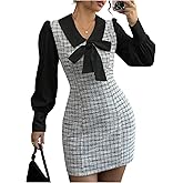 Floerns Women's Elegant Plaid Tweed Dress Bow Front Lantern Long Sleeve 2 in 1 Mini Houndstooth Dresses