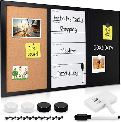 Navaris 3-in-1 Cork Board Whiteboard Chalkboard 90x60cm Magnetic Memo