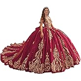 XYAYE Glitter Tulle Quinceanera Dresses with Big Bow Gold Lace Off Shoulder Sweet 16 Dresses Puffy Beaded Applique Ball Gown