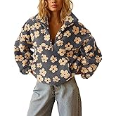 chouyatou Women's Fall Cute Floral Faux Fur Pullover Fleece Sweatshirt Y2k Casual Zip Up Winter Sherpa Jacket