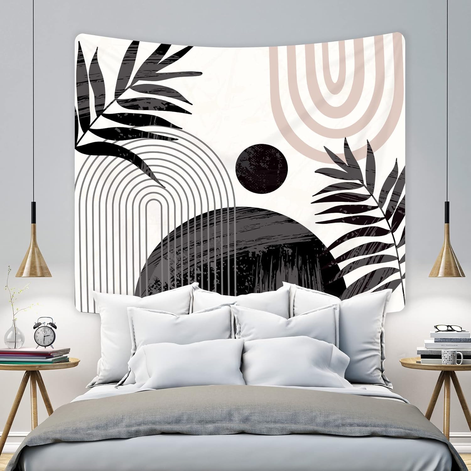 Tapestries - KOMLLEX Abstract Black Boho Mid Century Tapestry 59Wx51H Modern Aesthetic Minimalist Wall Hanging Sun Leaves Pink Arch Neutral Contemporary Geometric Home Decor Art for Living Room Bedroom Dorm