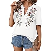 Mexican Shirts for Women Embroidered Tops Traditional Summer Blouse Floral Tunic V Neck Short Sleeve T Shirt White