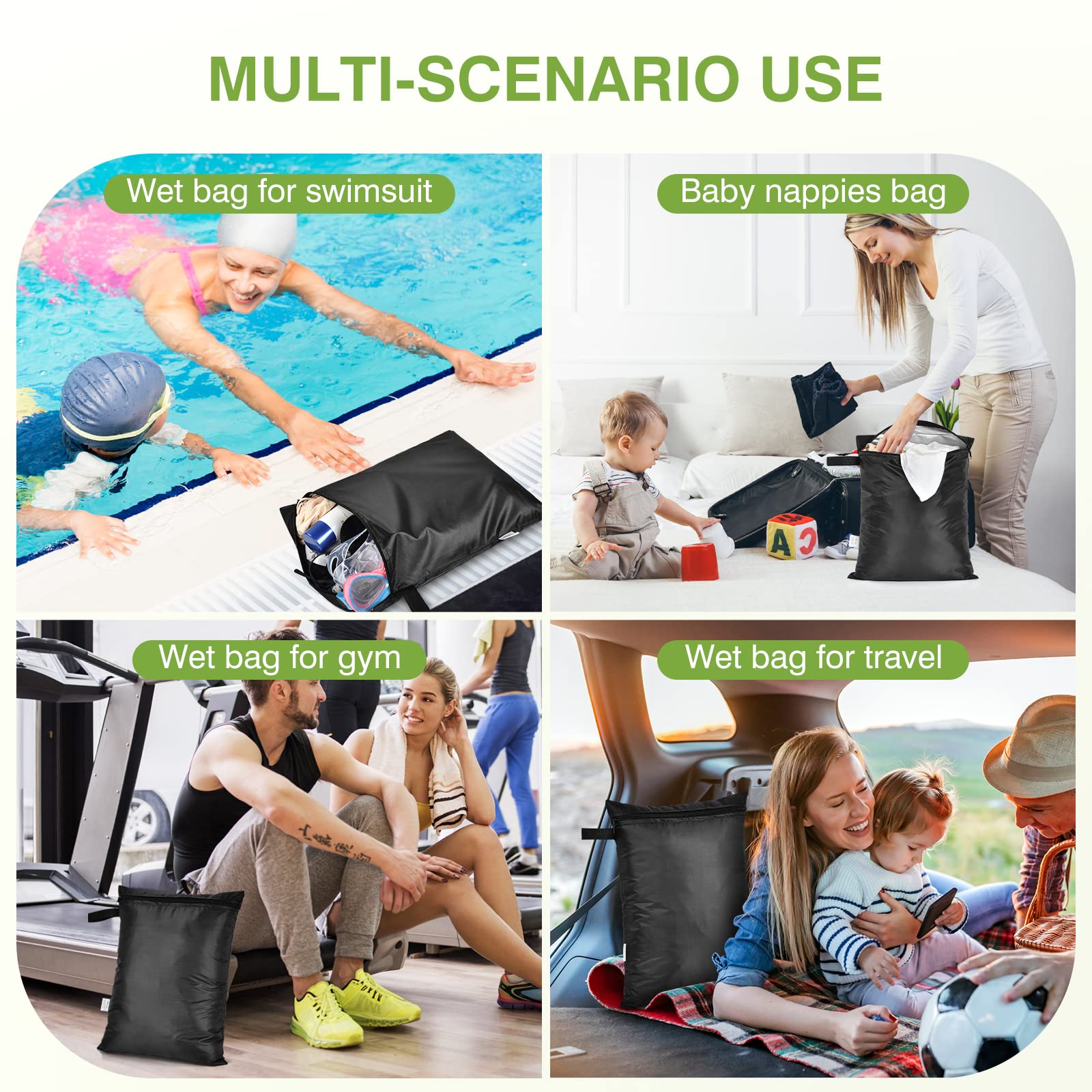 OTraki 12x16 inch Wet Bag 2Pcs Waterproof Swim Bag for Wet Clothes Small Swimsuit Dirty Clothes Laundry Bag Travel Machine Washable for Gym Beach Pool, Oxford Cloth with Handle & Zippered, Black