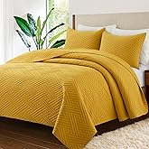 Safonory Quilt Set King Size(106"x96", Mustard Yellow) - Summer Thin Soft Striped Pattern Quilted Bedspread for King Bed - 3 Pieces Lightweight Coverlet Bedding Set(1 Quilt, 2 Shams)