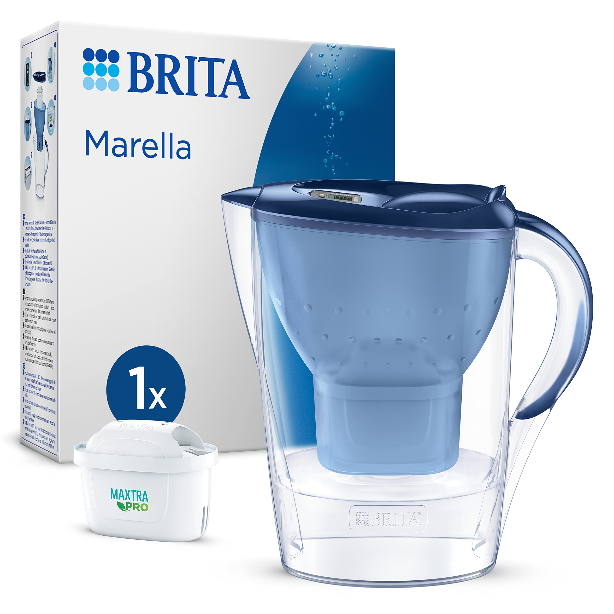 BRITA Marella Water Filter Jug Blue (2.4L) incl. 1x MAXTRA PRO Pure Performance cartridge - fridge-fitting jug with digital LTI and Flip-Lid - now in sustainable Smart Box packaging