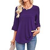 Halife Womens 3/4 Length Ruffle Bell Sleeve Pleated Flowy Dressy Casual Tops Blouses