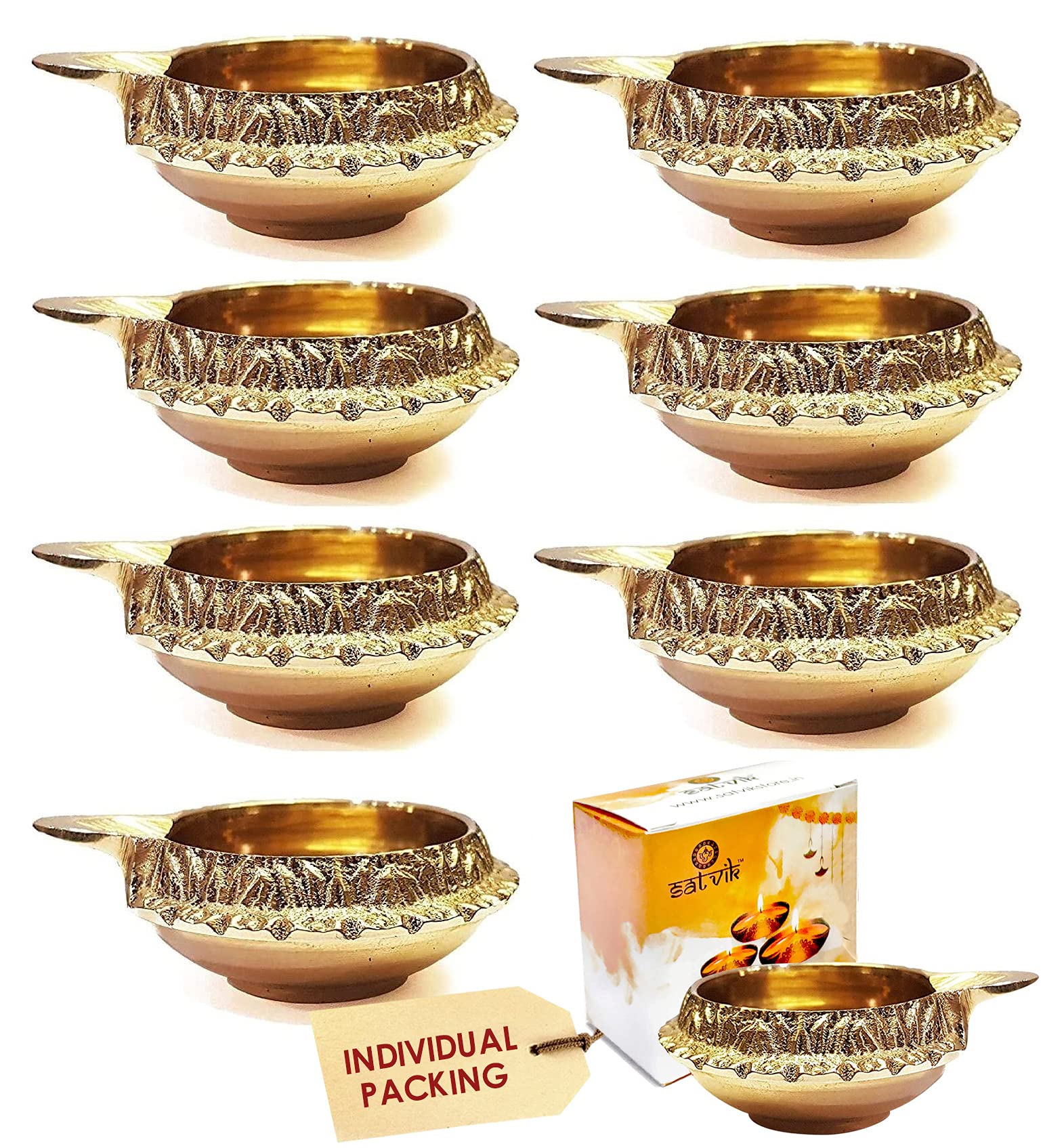 SATVIK 8pc Kuber Diya for Diwali Decoration. Handmade Oil Lamp Golden Engraved Made of Virgin Brass Metal Vilakku for Puja Pooja. Traditional Indian Deepawali Housewarming Return Gift Items