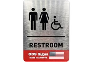 GDS ARCHITECTURAL SIGNAGE SOLUTIONS Unisex/Wheelchair Bathroom Sign by GDS - ADA Compliant, Wheelchair Accessible, Raised Icons, & Grade 2 Braille - Includes Adhesive Strips for Easy Installation - Bathroom Signs for Business, Restroom Sign, Restroom Signs for Business - 6" W x 8" H (Brushed Aluminum) - Made in USA