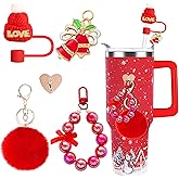 5 Pieces Christmas Warter Bottle Accessories for Stanley Cups Including Hat Straw Cover and Cute Keychain Charms for Stanley Cup 40oz & 30oz Tumbler, Perfect for Christmas Gifts (Red)
