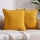 WOHUILAIL Corduroy Throw Pillow Covers Pack of 2 Soft Soild Striped Pillow Covers Set Decorative Square Cushion Cases Boho Pillowcases for Spring Farmhouse Couch Bedroom Sofa 18 x 18 Inch, Yellow