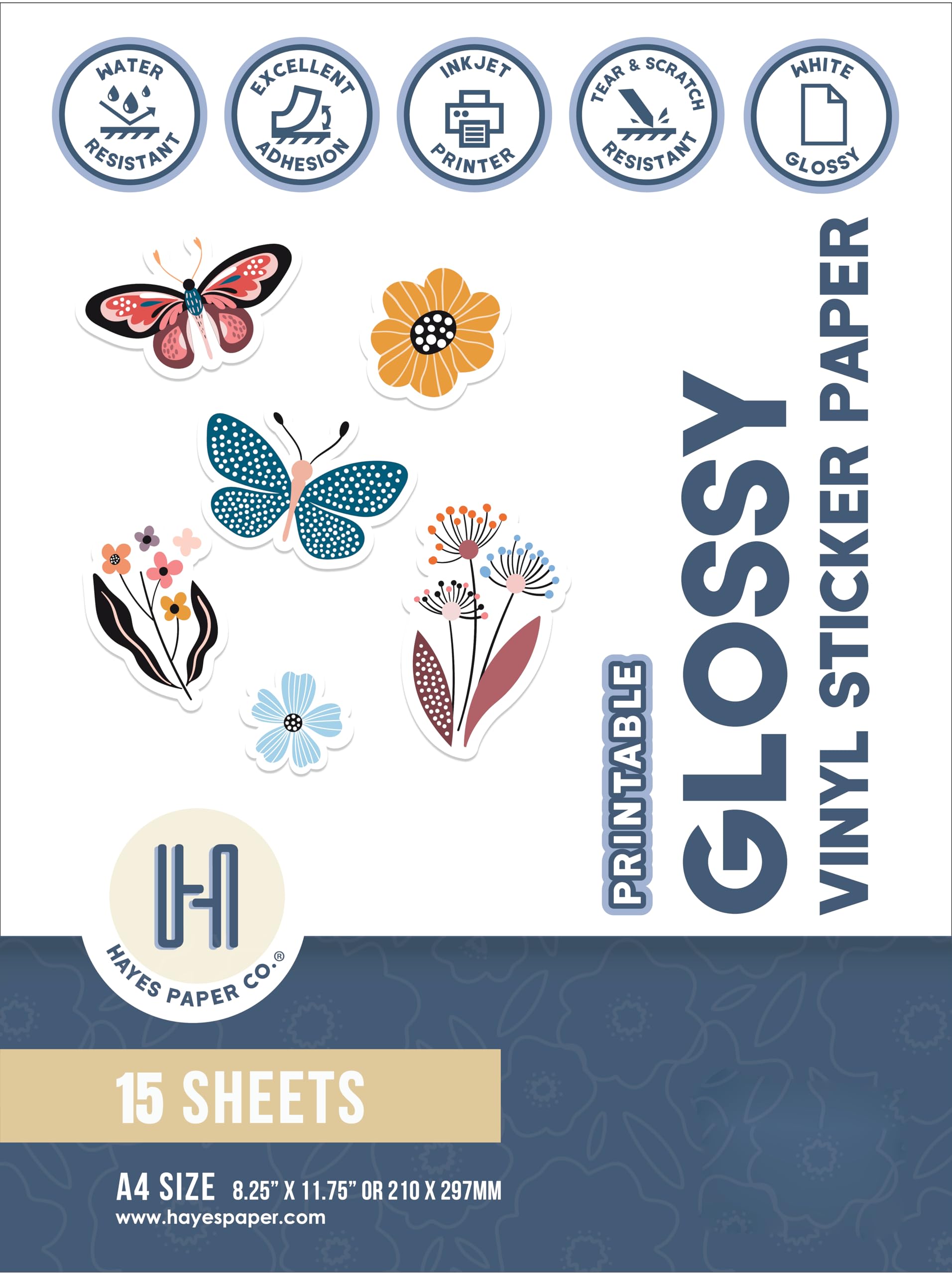 Hayes Paper Co. Printable Vinyl Sticker Paper for Printer - A4 Sticker Sheets for Printing - Glossy Sticker Paper, Waterproof Inkjet Printing Paper in Gloss White (15 Sheets)